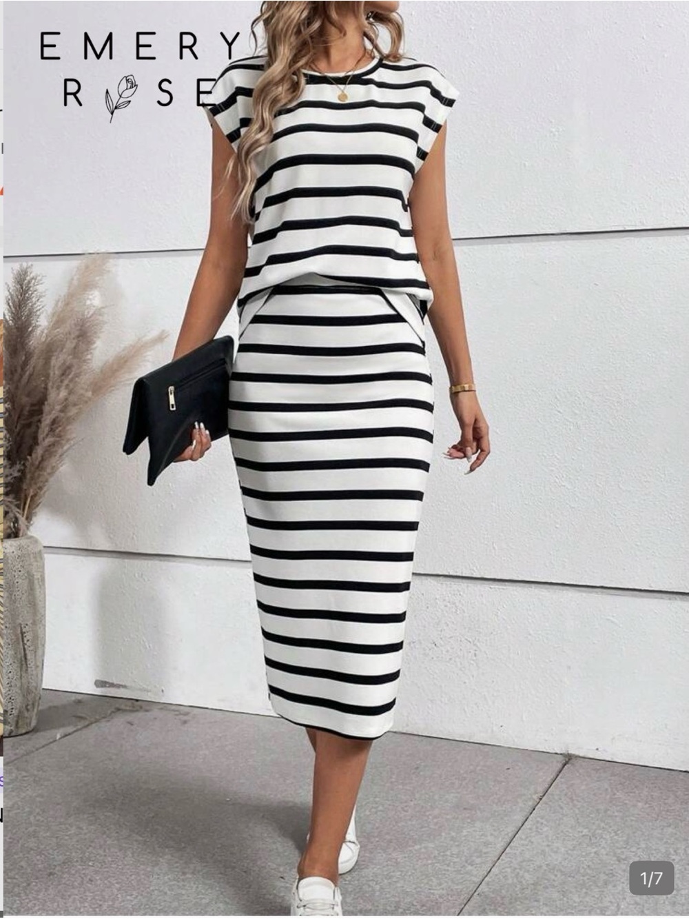 Emery Rose Black & White Striped Midi Skirt Set